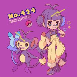 Rule 34 | 1girl, ambipom, bandaid, bandaid on face, bandaid on nose, blunt bangs, character name, creatures (company), double bun, full body, game freak, gen 4 pokemon, hair bun, highres, looking at viewer, moemon, monkey, monkey tail, multiple tails, narumame, nintendo, overalls, personification, poke ball, poke ball (basic), pokedex number, pokemon, pokemon (creature), purple background, purple footwear, purple shirt, shirt, shoes, short sleeves, sidelocks, simple background, smile, standing, tail, teeth, two tails, yellow overalls