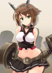 Rule 34 | 10s, 1girl, arms behind back, bare shoulders, blush, body blush, breasts, brown hair, collar, collarbone, female focus, green eyes, groin, hair between eyes, hairband, head tilt, headgear, hip focus, hyuuga azuri, kantai collection, looking at viewer, machinery, midriff, miniskirt, mutsu (kancolle), navel, personification, pleated skirt, shadow, shiny skin, short hair, simple background, skirt, smile, solo, standing, thigh gap, white background