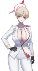 Rule 34 | 1girl, black gloves, blue archive, breasts, cleavage, closed mouth, collared jacket, eyeshadow, gloves, halo, hand on own hip, highres, jacket, jewelry, large breasts, light brown hair, long long life, long sleeves, looking at viewer, makeup, marina (blue archive), military uniform, multicolored clothes, multicolored jacket, navel, necklace, no bra, pants, partially unbuttoned, red eyeshadow, red halo, red jacket, short hair, solo, uniform, white background, white jacket, white pants, yellow eyes