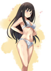 Rule 34 | 1girl, arms behind back, black hair, bra, breasts, closed mouth, commentary request, inoue takina, long hair, looking down, lycoris recoil, medium breasts, mutsumi masato, navel, panties, purple eyes, solo, standing, underwear, underwear only, white bra, white panties