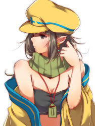 Rule 34 | 1girl, artist self-insert, bare shoulders, boss (ole tower), breasts, cleavage, earrings, hat, jewelry, mataichi mataro, ole tower, pointy ears, scarf, short hair, solo