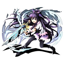 Rule 34 | 10s, 1girl, alpha transparency, black footwear, black pantyhose, boots, bow, date a live, divine gate, floating hair, full body, hair bow, high heels, holding, holding sword, holding weapon, long hair, neck ribbon, official art, open mouth, pantyhose, purple bow, purple eyes, purple hair, purple skirt, red ribbon, ribbon, shadow, shirt, skirt, solo, stance, sword, transparent background, ucmm, very long hair, weapon, white shirt, wrist cuffs, yatogami tooka