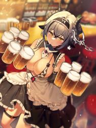 Rule 34 | 1girl, absurdres, animal ears, animal print, apron, beer mug, bikini, bikini top only, black gloves, black horns, black skirt, blurry, blurry background, blush, breasts, chain, closed mouth, commentary, cow ears, cow girl, cow print, crossed bangs, cup, curled horns, ear tag, echocalypse, elbow gloves, english commentary, feet out of frame, frilled apron, frilled skirt, frills, gloves, goyain, grey hair, hair between eyes, highres, holding, holding cup, horn ornament, horns, indoors, iori (echocalypse), large breasts, maid, maid headdress, mug, print bikini, short hair, skirt, solo, swimsuit, thigh strap, waist apron, white apron, yellow eyes