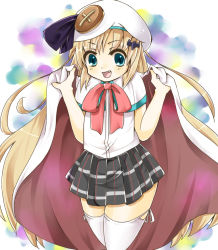 Rule 34 | 1girl, bad id, bad pixiv id, bekotarou, blonde hair, blue eyes, bow, cape, fang, hat, little busters!, long hair, noumi kudryavka, pink bow, plaid, plaid skirt, pleated skirt, school uniform, skirt, solo, thighhighs, white thighhighs