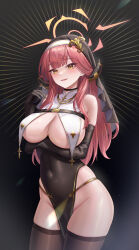 Rule 34 | 1girl, absurdres, alternate costume, arm under breasts, aru (blue archive), black gloves, blue archive, breast curtains, chisi, covered navel, elbow gloves, gloves, groin, habit, halo, highres, horns, long hair, nun, pelvic curtain, red hair, skindentation, smile, solo, thighhighs, yellow eyes