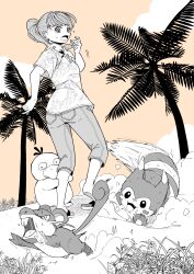 Rule 34 | 1girl, 3others, :3, absurdres, artist request, ass, beach, collared shirt, creatures (company), day, denim, full body, furret, game freak, gen 1 pokemon, gen 2 pokemon, grass, greyscale with colored background, haru (pokemon), highres, jumping, long hair, looking at another, looking back, monochrome, motion lines, multiple others, nintendo, palm tree, pants, pokemon, pokemon (creature), pokemon concierge, ponytail, psyduck, rattata, running, sandals, scared, shirt, squatting, sweat, teeth, tree, upper teeth only