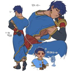 Rule 34 | 1boy, :d, alternate hair length, alternate hairstyle, blue hair, cropped torso, dark-skinned male, dark blue hair, dark skin, deformed, donkey fgo, earrings, electric fan, fate/grand order, fate (series), from behind, greco-roman clothes, hair between eyes, highres, jewelry, long hair, looking at viewer, male focus, multiple views, open mouth, pectorals, red eyes, romulus quirinus (fate), short hair, side slit, sidepec, smile, sparkle, toned, toned male, translation request