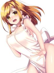 Rule 34 | 1girl, 8931ponzu, apron, bare arms, bare shoulders, breasts, cleavage, dutch angle, furrowed brow, groin, hair ornament, hairclip, hand up, large breasts, long hair, looking at viewer, naked apron, open mouth, orange hair, original, simple background, solo, straight hair, white apron, white background, yellow eyes