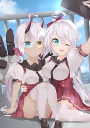 Rule 34 | 2girls, ahoge, azur lane, between breasts, black necktie, black sailor collar, blue eyes, blue sky, blush, bow, breasts, closed mouth, cloud, commentary request, dark-skinned female, dark skin, day, ebichiri sunday, expressionless, full body, hair bow, heart, heart-shaped pupils, heart ahoge, heterochromia, highres, horns, indianapolis (at school with my sister...) (azur lane), indianapolis (azur lane), large breasts, long hair, looking at viewer, medium breasts, miniskirt, multiple girls, necktie, necktie between breasts, official alternate costume, one eye closed, open mouth, outdoors, panties, pink hair, pleated skirt, portland (at school with indy!) (azur lane), portland (azur lane), puffy short sleeves, puffy sleeves, railing, red bow, red horns, red skirt, sailor collar, school uniform, selfie, serafuku, shirt, short sleeves, siblings, side ponytail, sisters, skirt, sky, smile, suspender skirt, suspenders, symbol-shaped pupils, thighhighs, twintails, underwear, very long hair, white hair, white panties, white shirt, white thighhighs, yellow eyes