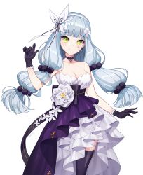 Rule 34 | 1girl, akamu, bare arms, bare shoulders, black bow, black choker, black gloves, black thighhighs, blue hair, blunt bangs, bow, breasts, choker, cleavage, closed mouth, collarbone, cowboy shot, dress, earrings, facial mark, floral background, flower, gem, girls&#039; frontline, gloves, green eyes, hair flower, hair ornament, hair ribbon, hairband, hand up, hk416 (girls&#039; frontline), hk416 (starry cocoon) (girls&#039; frontline), jewelry, layered dress, long hair, looking at viewer, low-tied long hair, medium breasts, multi-tied hair, official alternate costume, pendant, petals, ribbon, simple background, smile, solo, standing, strapless, strapless dress, thighhighs, very long hair, white background, white hairband, white ribbon