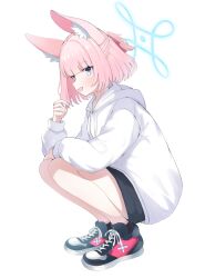 Rule 34 | 1girl, animal ear fluff, animal ears, black shorts, blue archive, blue eyes, blue halo, blush, fox ears, full body, halo, highres, hood, hood down, hoodie, long sleeves, niko (blue archive), open mouth, pink hair, preste, shoes, short hair, shorts, simple background, smile, sneakers, solo, squatting, white background, white hoodie