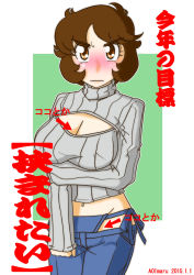 Rule 34 | 1girl, annoyed, aoimaru, arrow (symbol), bikini jeans, blush, breast hold, breasts, brown eyes, brown hair, cleavage, cleavage cutout, clothing cutout, denim, highres, jeans, large breasts, looking at viewer, lowleg, lowleg pants, meme attire, midriff, navel, open-chest sweater, original, pants, ribbed sweater, short hair, solo, sweater, translation request, turtleneck