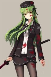 Rule 34 | 1girl, alternate costume, arms at sides, black hat, black jacket, black pantyhose, black ribbon, black skirt, blood, blood in hair, blood on clothes, blood on face, blood on hands, bloody tears, c.c., code geass, collared shirt, cowboy shot, dripping, emblem, empty eyes, grey background, hair ribbon, hat, highres, holding, jacket, long hair, long sleeves, looking at viewer, lucky keai, miniskirt, neck ribbon, open clothes, open jacket, pantyhose, parted lips, ribbon, sheath, sheathed, shirt, sidelocks, simple background, skirt, smile, solo, sword, thighband pantyhose, very long hair, weapon, white shirt, wing collar, yellow eyes