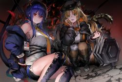 Rule 34 | 2girls, absurdres, animal ears, arknights, bag, ball and chain (weapon), bare shoulders, black footwear, black headwear, black jacket, black legwear, blonde hair, blue bag, blue hair, blue jacket, boots, breasts, ch&#039;en (arknights), chain, commentary request, dark background, dragon horns, drill hair, fang, feet out of frame, fingerless gloves, frown, gloves, green eyes, hair between eyes, hair ornament, hair ribbon, hat, highres, holding, holding weapon, horns, huge filesize, jacket, large breasts, long hair, looking at viewer, multiple girls, off-shoulder jacket, off shoulder, open mouth, orange neckwear, orange ribbon, parted bangs, red eyes, ribbon, rota (078), shirt, shorts, sidelocks, sleeveless, smile, swire (arknights), tail, thighhighs, tiger ears, tiger tail, weapon, white shirt, yellow neckwear