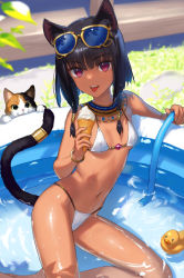 Rule 34 | 1girl, animal ear fluff, animal ears, bare arms, bare legs, bare shoulders, bikini, black hair, blunt bangs, bracelet, braid, breasts, cat, cat ears, cat girl, cat tail, collarbone, dark-skinned female, dark skin, dot nose, eating, egyptian clothes, expressionless, eyewear on head, feet out of frame, food, hair between eyes, holding, holding food, hose, ice cream, jewelry, kawakami rokkaku, looking at viewer, midriff, navel, nejet (kawakami rokkaku), open mouth, original, outdoors, partially submerged, red eyes, rubber duck, short hair, sitting, small breasts, smile, soft serve, solo, sunglasses, swimsuit, tail, tail ornament, tail ring, teeth, tongue, tongue out, tsurime, twin braids, upper teeth only, usekh collar, wading pool, water, wet, white bikini, yokozuwari