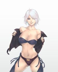 Rule 34 | 1girl, angel (kof), black panties, blue bra, blue legwear, bra, breasts, cleavage, commission, gloves, grey hair, hair over one eye, highres, jacket, ktovhinao, large breasts, one eye closed, open clothes, open jacket, panties, short hair, smile, snk, solo, spread legs, tassel, the king of fighters, thick thighs, thighs, underwear, waist tassel, white background