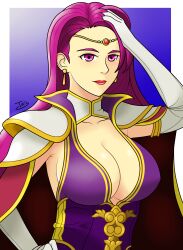 Rule 34 | 1girl, armor, breasts, brunnya (fire emblem), cape, circlet, cleavage, earrings, fire emblem, fire emblem: the binding blade, gloves, highres, jewelry, large breasts, long hair, nintendo, pauldrons, pink eyes, pink hair, purple eyes, purple hair, shoulder armor, sideboob, signature, solo, tagme, thunderfist