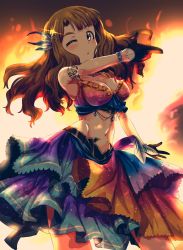 Rule 34 | 1girl, black gloves, blush, breasts, brown eyes, brown hair, cleavage, commentary request, dress, feather hair ornament, feathers, fire, gloves, hair ornament, highres, idolmaster, idolmaster million live!, idolmaster million live! theater days, long hair, looking at viewer, medium breasts, midriff, miyao miya, navel, pointing, run p (aveton), smile, solo, thick eyebrows