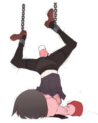 Rule 34 | 1girl, ass, back, back peek, black hair, black legwear, black neckwear, black skirt, brown footwear, chains, colored inner hair, commentary, cuffs, dildo, dripping, face down, faceplant, hanging, highres, loafers, monogatari (series), motion lines, multicolored hair, naoetsu high school uniform, no gloves, object insertion, oshino ougi, panties, panties aside, panties under pantyhose, pantyhose, pink dildo, pink shirt, punishment, pussy juice, pussy juice drip through clothes, pussy juice trail, sakifox, school uniform, sex toy, shackles, shirt, shoes, short hair, simple background, skirt, skirt lift, solo, spread legs, suspension, top-down bottom-up, torn clothes, torn legwear, trembling, underwear, upside-down, vibrator, white background, white panties