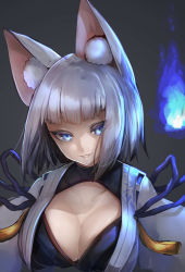 Rule 34 | 1girl, animal ears, azur lane, blue eyes, blunt bangs, breasts, cleavage, fox ears, hachachi, highres, hitodama, japanese clothes, kaga (azur lane), large breasts, looking at viewer, parted lips, short hair, smile, solo, upper body