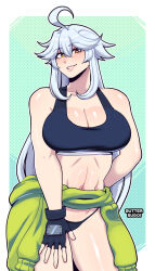 Rule 34 | 1girl, ahoge, arm behind back, artist name, bikini, bikini bottom only, black sports bra, borrowed character, breasts, butter sugoi, cleavage, clothes around waist, commentary, contrapposto, cowboy shot, fingerless gloves, gloves, grey hair, highres, large breasts, long hair, navel, original, parted lips, sidelocks, smile, solo, sports bra, sweater, sweater around waist, swimsuit, very long hair, yellow eyes