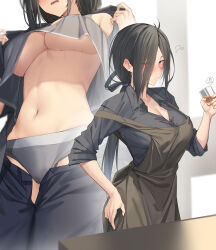 Rule 34 | 1girl, apron, black apron, black hair, blue shirt, breasts, cleavage, closed mouth, collarbone, commentary request, cup, grey panties, hand on own hip, highres, holding, holding cup, large breasts, long sleeves, looking at viewer, multiple views, navel, no bra, original, pallad, panties, shirt, short hair, standing, underboob, underwear