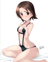 Rule 34 | 1girl, artist name, black one-piece swimsuit, blush, breasts, brown eyes, brown hair, cleavage, collarbone, covered erect nipples, dated, girls und panzer, highres, kuzuryuu kennosuke, looking at viewer, navel, one-piece swimsuit, open mouth, sawa azusa, shiny skin, short hair, simple background, sitting, skindentation, slingshot swimsuit, small breasts, solo, swimsuit, thighs, white background, wide hips