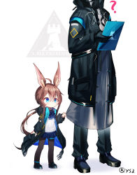 Rule 34 | 1girl, 1other, ?, amiya (arknights), animal ear fluff, animal ears, arknights, ascot, black footwear, black gloves, black jacket, black pants, black pantyhose, blue ascot, blue eyes, blue skirt, blush, brown hair, doctor (arknights), gloves, hair between eyes, highres, jacket, long hair, long sleeves, low ponytail, open clothes, open jacket, pants, pantyhose, pleated skirt, ponytail, puffy long sleeves, puffy sleeves, qys3, rabbit ears, shadow, shirt, shoes, skirt, sleeves past wrists, standing, twitter username, very long hair, white background, white shirt