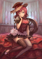 Rule 34 | 10s, black footwear, black skirt, black thighhighs, fabric, hand on own cheek, hand on own face, indoors, kawahara ryuuta, looking at viewer, love live!, love live! school idol festival, love live! school idol project, nishikino maki, red hair, shoes, sitting, skirt, smile, solo, spindle, striped clothes, striped thighhighs, thighhighs