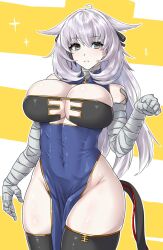 Rule 34 | 1girl, ahoge, armored core, armored core 6, bandaged arm, bandaged head, bandages, breasts, cable, china dress, chinese clothes, cleavage, cleavage cutout, clothing cutout, dress, green eyes, grey hair, hair flaps, highres, large breasts, minarai tenna, no panties, pale skin, raven (armored core 6), red pupils, skindentation, subdermal port, thighhighs, undersized breast cup