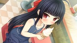 Rule 34 | 1girl, 3:, 3:&lt;, ahoge, black hair, blush, casual, checkered floor, child, crescent, cura, dress, dutch angle, female focus, flat (company), food, frills, game cg, highres, ice cream, ice cream cone, indoors, jewelry, long hair, monobeno, necklace, red eyes, seishin himemiya, sitting, soft serve, solo, striped, v-shaped eyebrows, vertical stripes