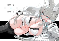 Rule 34 | 1girl, animal ears, aqua eyes, black thighhighs, bra, breasts, cleavage, coat, commentary, elbow rest, feet out of frame, fox ears, fox girl, fox tail, grey hair, hair between eyes, hand on own thigh, head rest, highres, large breasts, long hair, looking at viewer, lying, mamuru, navel, on side, open clothes, original, panties, shirt, skindentation, solo, tail, thighhighs, thighs, underwear, very long hair, white bra, white coat, white panties, white shirt