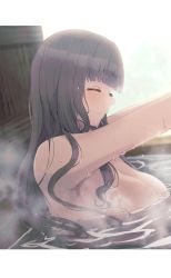 Rule 34 | 1girl, ^ ^, armpits, bath, bathing, blunt bangs, blush, breasts, brown hair, cleavage, closed eyes, covered erect nipples, highres, idolmaster, idolmaster cinderella girls, kamiya nao, large breasts, letterboxed, long hair, ofuro, outstretched arms, refraction, relaxing, ryuu., simple background, solo, steam, stretching, thick eyebrows, upper body, very long hair, water drop, wet, wet hair, wooden bathtub