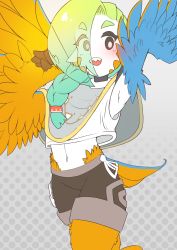 Rule 34 | 1girl, absurdres, armpits, arms up, bird legs, bird tail, blue feathers, blush, braid, commentary, eyes visible through hair, feathers, green hair, hair over one eye, harpy, highres, long hair, mako (eogks), midriff, monster girl, navel, nn (eogks), open mouth, orange feathers, original, pointy ears, sharp teeth, sleeveless, solo, tail, teeth, two-tone wings, winged arms, wings