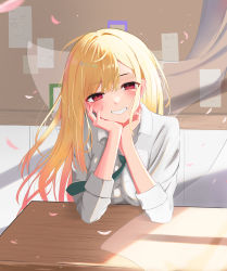 Rule 34 | 1girl, absurdres, blonde hair, classroom, colored tips, commentary, gyaru, highres, kitagawa marin, long hair, looking at viewer, multicolored hair, necktie, red eyes, red hair, revision, school uniform, shirt, smile, solo, sono bisque doll wa koi wo suru, sty, teeth, tied shirt, uniform, white shirt