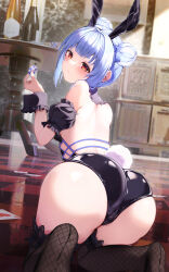 Rule 34 | 1girl, absurdres, animal ears, ass, bare shoulders, blue hair, blush, bottle, card, commentary, detached collar, detached sleeves, double bun, fake animal ears, frills, hair bun, hair ornament, highres, holding, hololive, kneeling, leotard, looking at viewer, looking back, multicolored hair, playboy bunny, rabbit ears, rabbit girl, rabbit tail, short sleeves, solo, strapless, strapless leotard, tail, thick eyebrows, thighhighs, thighs, two-tone hair, tyabesu, usada pekora, usada pekora (furi furi bunny dress), virtual youtuber, white hair, wine bottle, wrist cuffs