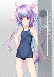 Rule 34 | 1girl, alternate breast size, artist name, blue hair, blue one-piece swimsuit, blush, breasts, character name, checkered background, collarbone, commentary request, cowboy shot, eyes visible through hair, flat chest, gradient background, grey background, hair ribbon, hand on own hip, highres, i-19 (kancolle), inaba shiki, kantai collection, long hair, looking at viewer, multicolored hair, old school swimsuit, one-hour drawing challenge, one-piece swimsuit, purple hair, red eyes, ribbon, school swimsuit, simple background, small breasts, smile, solo, standing, swimsuit, tri tails