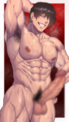 Rule 34 | 1boy, abs, alternate pectoral size, armpit hair, armpits, bara, black hair, blur censor, breath, censored, commission, completely nude, cowboy shot, erection, firenzesaika, fushiguro touji, grin, hair between eyes, highres, huge penis, jujutsu kaisen, large pectorals, male focus, male pubic hair, mature male, muscular, muscular male, navel, nipples, nude, pectorals, penis, pixiv commission, presenting armpit, pubic hair, scar, scar on face, scar on mouth, short hair, sideburns, smell, smile, solo, stomach, sweat, thick thighs, thighs