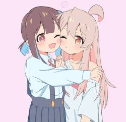 Rule 34 | 2girls, ;), ;d, ahoge, black skirt, blue hair, blunt bangs, brown eyes, brown hair, cheek-to-cheek, collarbone, commentary, hair between eyes, hana houshou, heads together, heart, highres, holding hands, hozuki momiji, interlocked fingers, long hair, long sleeves, looking at viewer, male-female symbol, multicolored hair, multiple girls, neck ribbon, off shoulder, one eye closed, onii-chan wa oshimai!, open mouth, oversized clothes, oversized shirt, oyama mahiro, pink background, pink hair, pleated skirt, red ribbon, ribbon, school uniform, shirt, short hair, short ponytail, short sleeves, sidelocks, simple background, single bare shoulder, skirt, smile, suspender skirt, suspenders, t-shirt, two-tone hair, white shirt, wing collar, yuri
