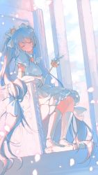 Rule 34 | 1girl, api qwq, blue hair, blush, borrowed design, bow, breasts, crown, day, dress, dutch angle, elbow gloves, elbow rest, facing viewer, full body, gloves, glowing, glowing petals, hair bow, hair ornament, hatsune miku, headset, highres, holding, holding staff, kneehighs, long hair, low-tied long hair, mini crown, petals, pillar, puffy short sleeves, puffy sleeves, short sleeves, sleeping, sleeping upright, socks, solo, staff, throne, twintails, very long hair, vocaloid, white dress, white footwear, white gloves, white socks, yuki miku, yuki miku (2019) (candidate no.6)