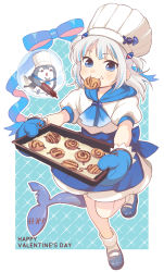 Rule 34 | 1girl, baking, baking sheet, bite mark, bloop (gawr gura), blue eyes, blue hair, bubble, chef, chef hat, cookie, dress, fins, fish skeleton, fish tail, food, gawr gura, gloves, hat, highres, hololive, hololive english, holomyth, medium hair, multicolored hair, nichaku, oven mitts, ribbon, rolling pin, school uniform, shark girl, shark tail, silver hair, stitches, tail, tray, two side up, valentine, virtual youtuber