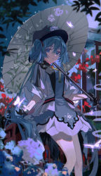 Rule 34 | 1girl, absurdres, black gloves, black hat, blue dress, blue eyes, blue flower, blue hair, blurry, blurry foreground, breasts, bug, butterfly, chinese commentary, commentary request, dress, feet out of frame, flower, gloves, glowing, hair between eyes, hair ornament, hand up, hat, hat flower, hatsune miku, highres, hitokoto, holding, holding umbrella, insect, jacket, jewelry, leaf, long hair, looking at viewer, miku with you (vocaloid), night, oil-paper umbrella, open clothes, open jacket, outdoors, parted lips, pendant, red flower, small breasts, solo, standing, two side up, umbrella, very long hair, vocaloid, white jacket