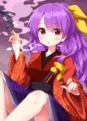Rule 34 | 1girl, :o, bare legs, bow, breasts, eyes visible through hair, feet out of frame, hand up, highres, holding, holding smoking pipe, japanese clothes, kimono, kiseru, komakusa sannyo, long hair, medium breasts, one-hour drawing challenge, open mouth, ponytail, purple hair, red kimono, ribbon, ruu (tksymkw), sash, sitting, smoke, smoking, smoking pipe, solo, touhou, very long hair, yellow ribbon