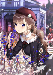 Rule 34 | 1girl, balcony, belt, beret, black dress, blue eyes, blue flower, blush, breasts, brown eyes, brown hair, building, collarbone, collared dress, commentary request, cowboy shot, curtains, day, detached collar, door, dress, falling leaves, fence, flower, fuumi (radial engine), hand up, hat, hat flower, holding, holding flower, house, leaf, leaning forward, long hair, long sleeves, looking at viewer, medium breasts, neck ribbon, original, outdoors, parted lips, petals, plant, purple eyes, purple sky, railing, red hat, red ribbon, ribbon, sidelocks, skirt, sky, solo, stairs, standing, sunlight, sunset, tree, very long hair, wavy hair, white flower, window