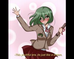 Rule 34 | blush, crying, crying with eyes open, english text, graduation, green eyes, green hair, gumi, masa works design, pink background, school uniform, sweetfull days, tears, vocaloid