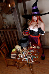 Rule 34 | 1girl, asian, bowl, breasts, chouzuki maryou, cosplay, dragon&#039;s crown, hat, highres, hip focus, large breasts, photo (medium), plump, red hair, skull, solo, witch, sorceress (dragon&#039;s crown), sorceress (dragon&#039;s crown) (cosplay), staff, table, thick thighs, thighs, wide hips, witch hat