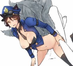 Rule 34 | 1girl, ahri (league of legends), animal ears, black thighhighs, bottomless, breasts, breasts out, brown eyes, brown hair, detached collar, eyewear on head, fox ears, fox tail, girl on top, hat, huge breasts, league of legends, looking at viewer, mole, mole on breast, nago purin, nail polish, navel, necktie, nipples, open mouth, police, police uniform, policewoman, sex, short hair, solo focus, sunglasses, sweat, tail, thighhighs, underwear, uniform, vaginal