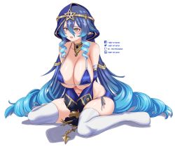 Rule 34 | 1girl, alternate breast size, bare shoulders, bikini, blue bikini, blue hair, breasts, commentary, detached sleeves, drill hair, drill sidelocks, genshin impact, hair between eyes, hiep studio, highres, hood, large breasts, layla (genshin impact), long hair, long sleeves, navel, no shoes, side-tie bikini bottom, sidelocks, sitting, solo, star (symbol), stomach, swimsuit, thighhighs, thighs, very long hair, wariza, white thighhighs, yellow eyes