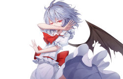 Rule 34 | 1girl, absurdres, ascot, backlighting, bat wings, bow, commentary request, floating hair, hair between eyes, half-closed eyes, hands up, highres, leidami, long skirt, looking at viewer, no headwear, outstretched hand, puffy short sleeves, puffy sleeves, red bow, red eyes, remilia scarlet, shirt, short hair, short sleeves, silver hair, simple background, skirt, skirt set, slit pupils, solo, standing, torn wings, touhou, white background, white shirt, white skirt, wind, wind lift, wings