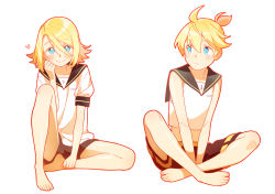 Rule 34 | 1boy, 1girl, ahoge, aqua eyes, bare arms, bare shoulders, bass clef, between legs, blonde hair, blush, bon bon eee, cosplay, costume switch, crop top, full body, hair between eyes, hair ornament, hairclip, hand between legs, highres, indian style, kagamine len, kagamine rin, knee up, looking at another, looking at viewer, looking to the side, midriff, neckerchief, necktie, parted lips, sailor collar, shirt, short ponytail, short sleeves, shorts, sitting, sleeveless, sleeveless shirt, smile, swept bangs, treble clef, unworn hair ornament, unworn hairclip, vocaloid, yellow neckerchief, yellow necktie
